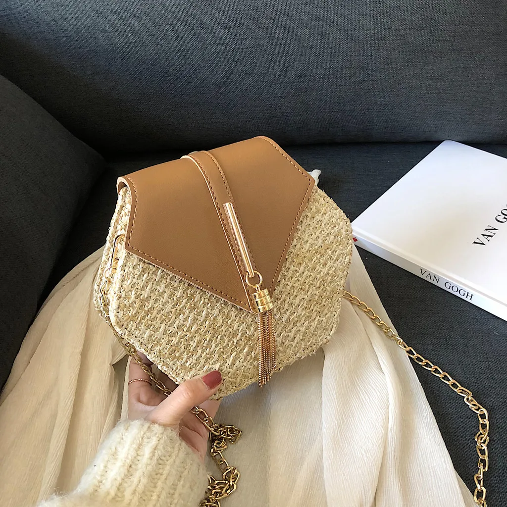 Best Hexagon Mulit Style Straw+leather Handbag Women Summer Rattan Bag Handmade Woven Beach Circle Bohemia Shoulder Bag New