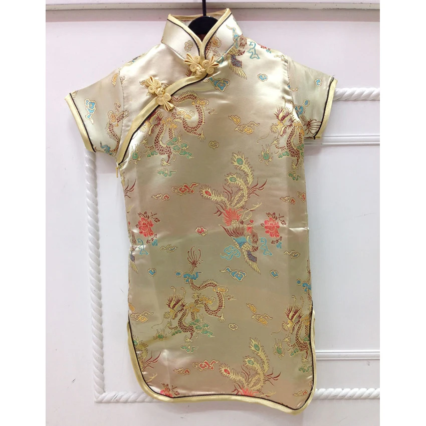 Chinese Traditional Costumes Princess Girls Dress Cheongsams Hanfu Tight Dragon&Phoenix Floral Kids Girls Kimono Satin Dress