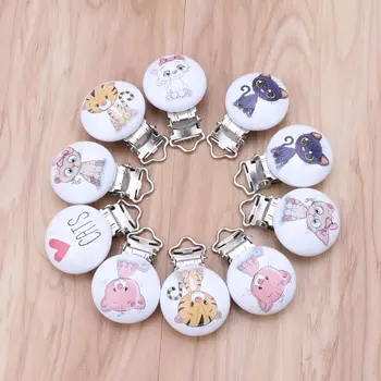 

5Pcs/Lot Baby Pacifier Clips Cats Printed Wood Metal Holder Clasps 4.4cm x 3cm E06F
