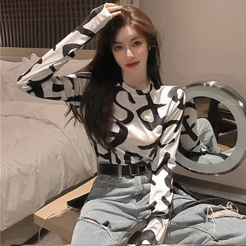 

L Neck Long Sleeve Sense of Design Autumn New Style Korean-style Versatile Fashion T-shirt Tops