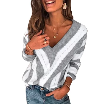 

2019 Basic Deep V Striped Solid Autumn Winter Sweater Pullover Women Female Knitted Sweater Long Sleeve Badycon Sweater Pullover
