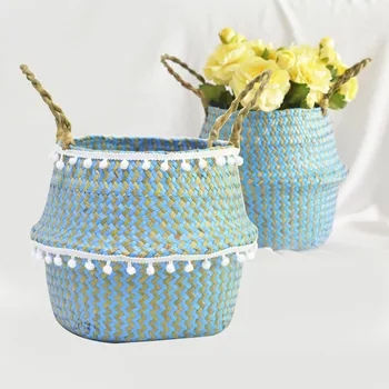 

Seaweed Wicker Basket House Decorative Storage Baskets Tassel Blue Lattice Bellied Basket Foldable Laundry Baskets Container
