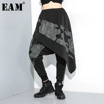 

[EAM] High Elastic Waist pattern print Asymmetrical Trousers New Loose Fit Pants Women Fashion Spring Autumn 2020 19A-a142