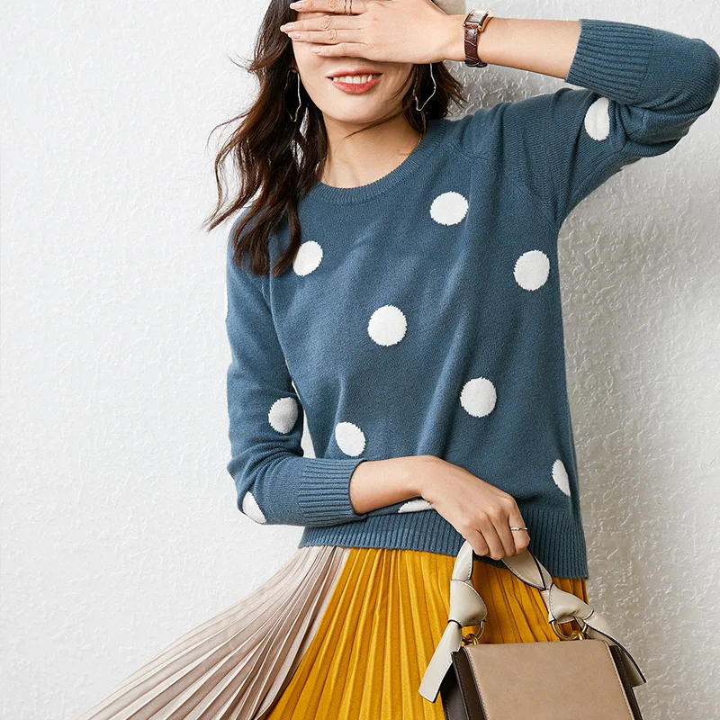 Autumn Winter Loose Knitted Sweater Korean Fashion O-neck Long Sleeve Women Dot Sweet Casual Ladies Warm Tops Pullover | Женская одежда