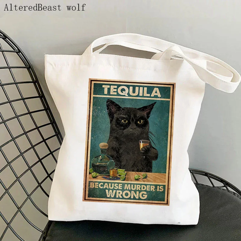 Women Shopper bag Black Cat Red Wine Because Murder Is Wrong Bag Harajuku Shopping Canvas girl handbag Tote Shoulder Lady Bag