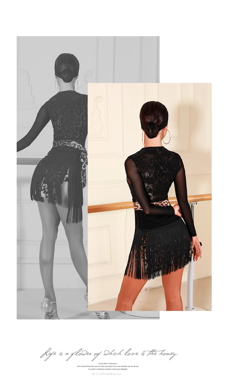 Новое платье для латинских танцев с леопардовым принтом, зимнее платье с длинными рукавами и кисточками, платье для самбы, Танго, сальсы, ча-ча, тренировочная одежда для выступлений, DN4741
