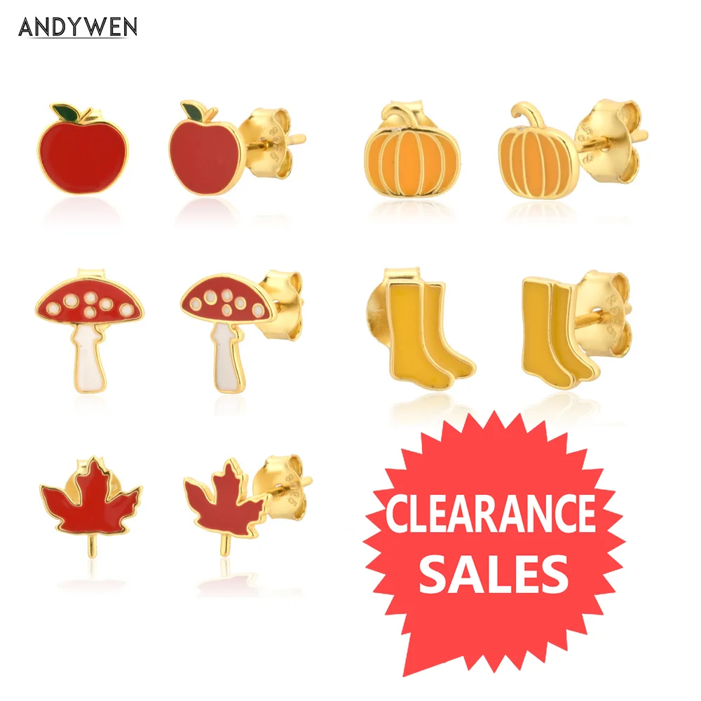 ANDYWEN 925 Sterling Silver Gold Low Price Mushroom Pumpkin Maple Leaf Apple Stud Earring Piercing Clips Clearance Sales | Украшения и