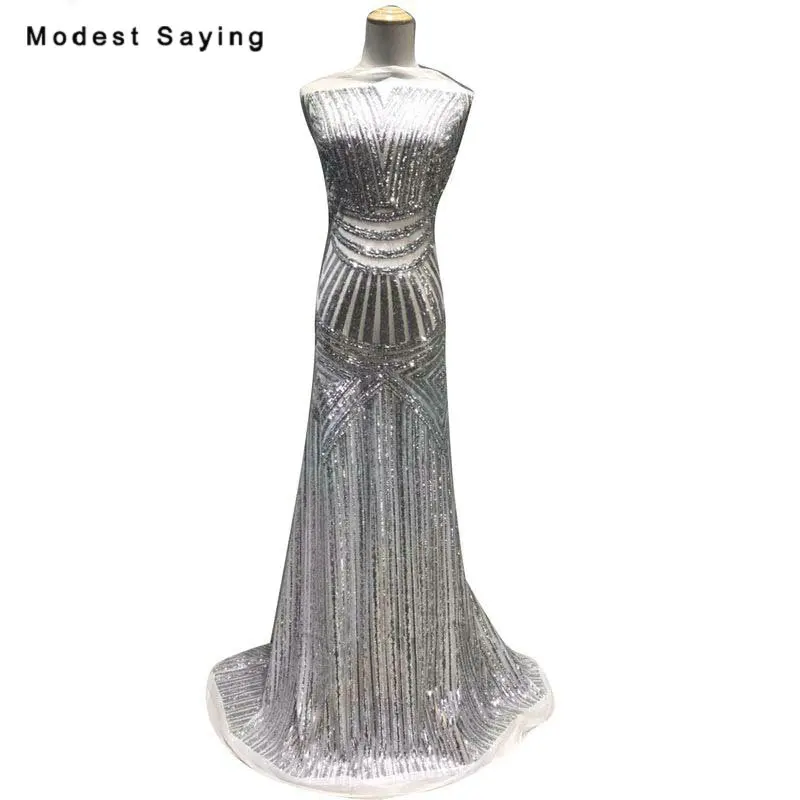 

5 Yards Shiny Silver Sequins Fabric for Evening Dresses 2019 Embroidered Mesh Cloth Wedding Party Prom Gowns Net Lace Material