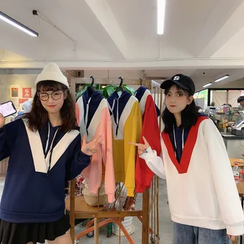 

Spring Autumn Kpop Women Fake Two Piece Loose Fit Sweatshirt Plus Velvet Long Sleeve Casual Harajuku Hoodie Free Shipping 2020