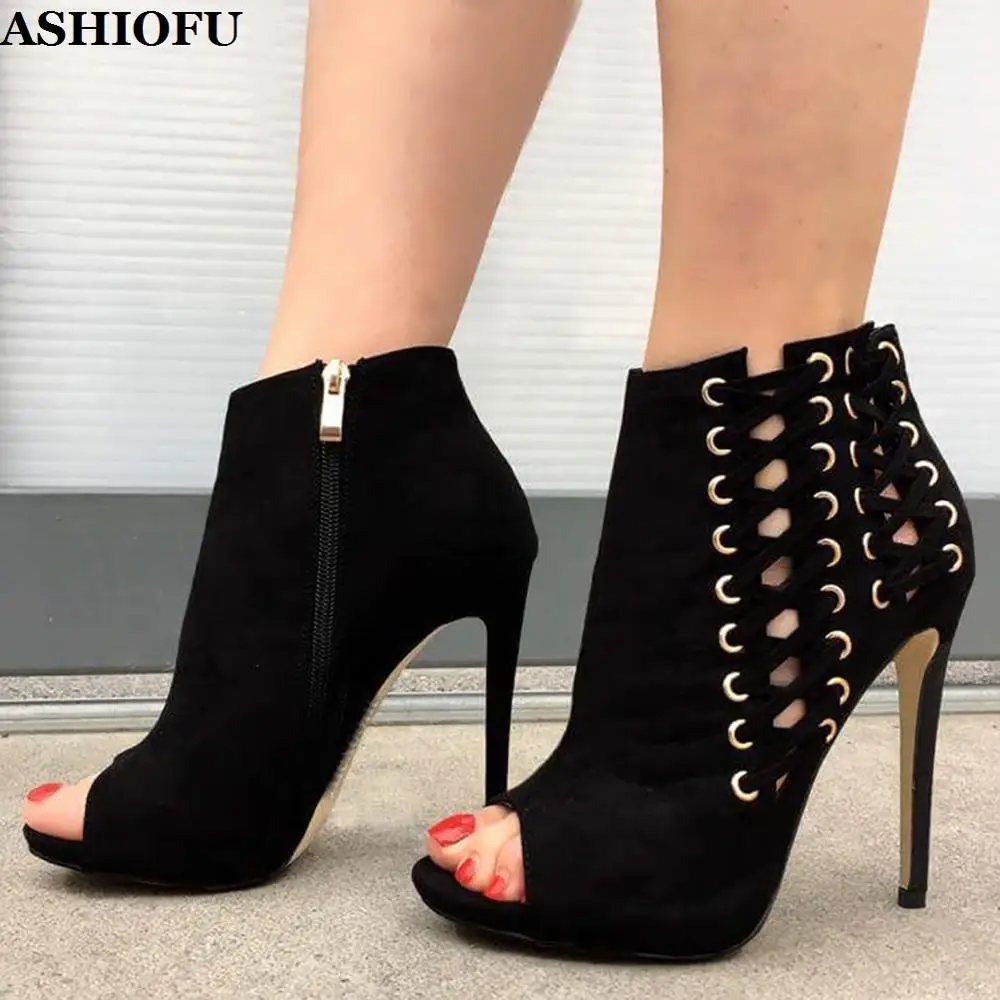 

ASHIOFU Handmade Hot Sale Ladies High Heel Boots Cross-straps Peep-toe Party Autumn Ankle Boots Stiletto Evening Fashion Boots