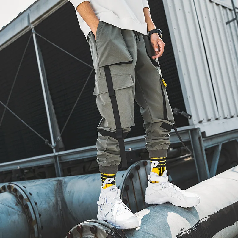 

2019 Spring And Summer Men's Ribbon Trend New Style Japanese-style Multi-pocket Trousers Bib Overall Skinny Casual Pants Men's