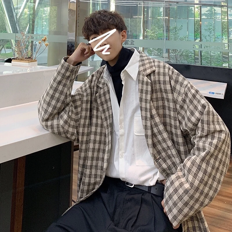 New fall 2019 slim plaid printed long-sleeve suit loose and versatile casual lapel fashion personality youth men's wear New fall 2019 slim plaid printed long-sleeve suit loose and versatile casual lapel fashion personality youth men's wear