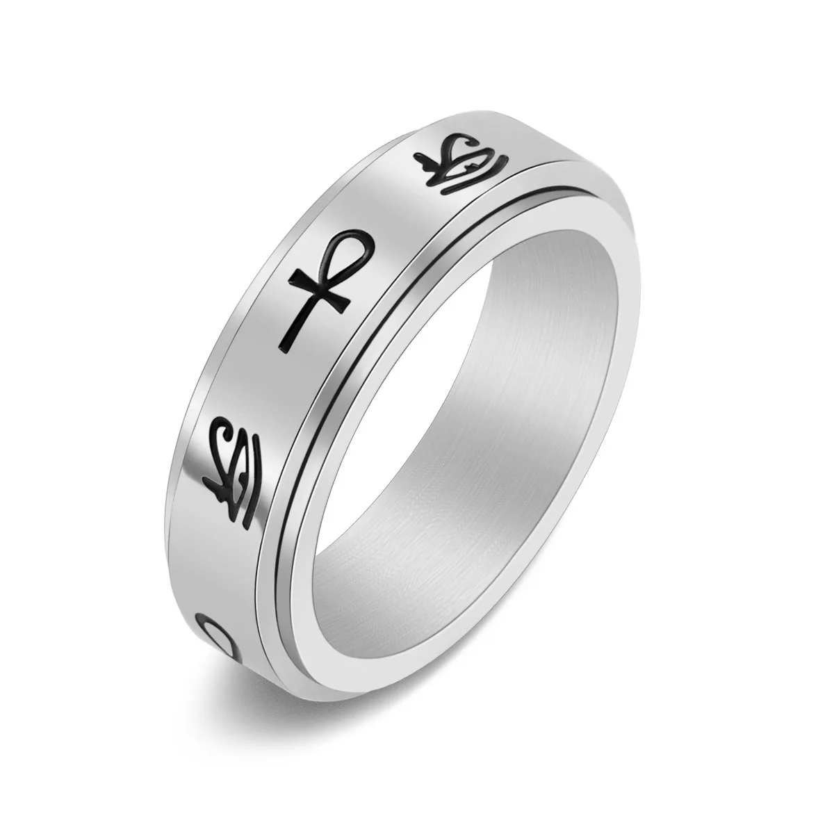 AsJerlya Stainless Steel Rotatable Spinner Rings Egypt Eye Of Horus Ankh Cross Anxiety Rings Freely Spinning Anti Stress Ring 5