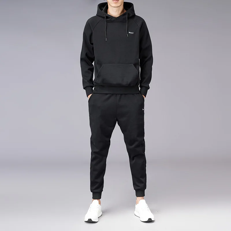 

Hot Selling Spring And Autumn MEN'S Pullover Hoody Hooded Leisure Sports Suit Two-Piece Set Running Fitness Clothes Solid Color