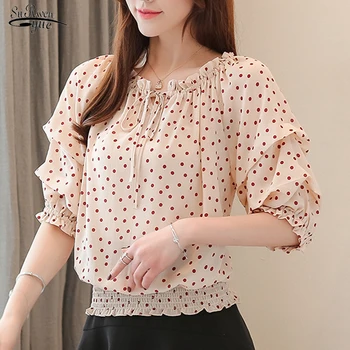 

2020 Summer Women Tops and Blouses New Style Sweet Chiffon Shirt Off-Shoulder Red Dot Short Sleeve Blouse Women Blusas 8640 50