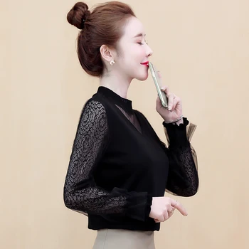 

COIGARSAM Plus Size Korea Style blouse women New Spring Office Lady Sexy Lace Loose blusas womens tops and blouses Red 8231
