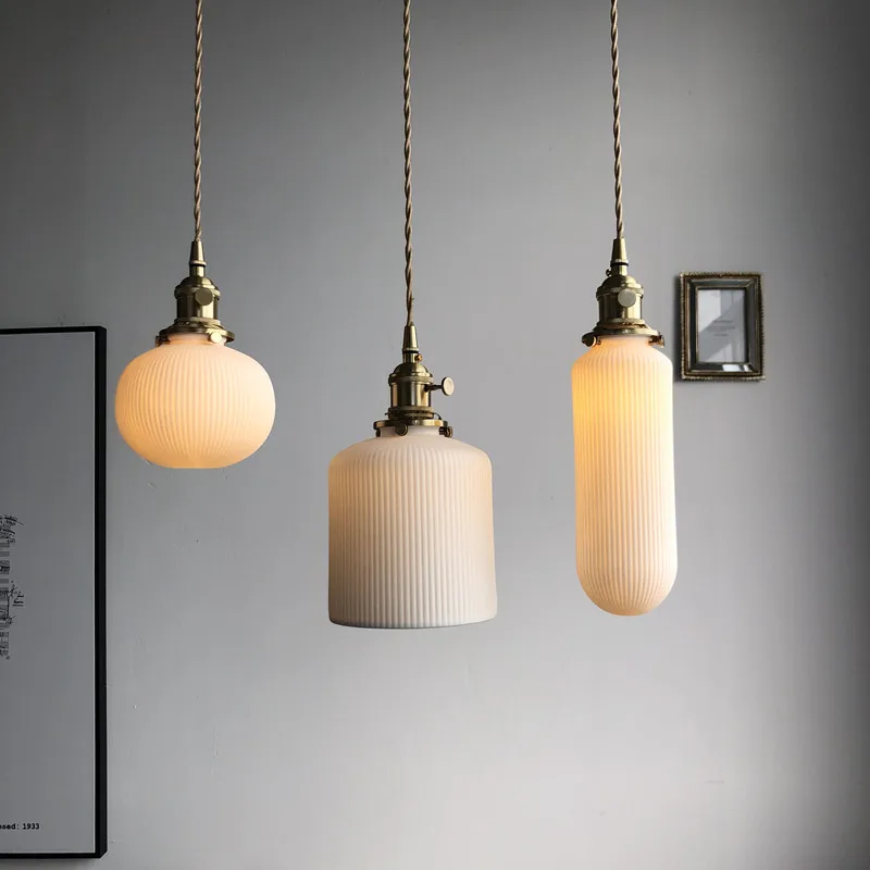 

Japanese retro bedroom pendant lights Nordic minimalist Zen tea room restaurant bar copper handmade ceramic pendant lamps E27