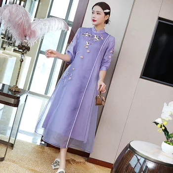 

Top Quality Brand Vintage 2020 Summer Women Lurex Embroidery 3/4 Sleeve Mid-Calf Length Elegant White Purple Dress Female
