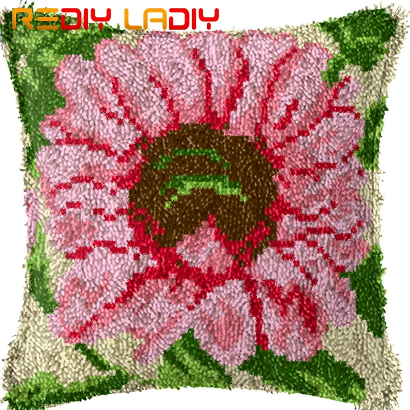 DIY Latch Hook Cushion Pink Sunflowers Pillow Case Pre-Printed Canvas Acrylic Yarn Latched Crochet Cover Kit | Дом и сад