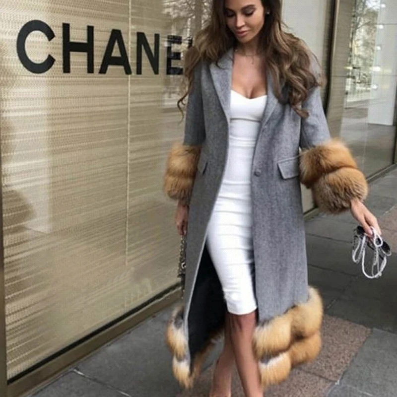 Fandy Lokar Real Red Fox Fur Jackets Women Fashion Cashmere Coats Women Elegant Covered Buttons Long Jackets Female Ladies IAB