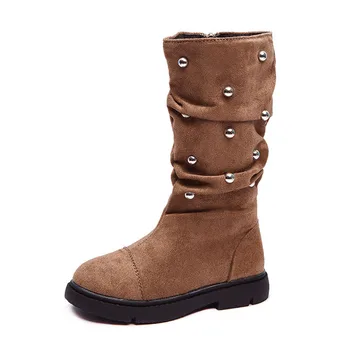 

CUZULLAA Kids Rivet Mid-Calf Boots For Autumn Winter Girls Side Zip Shoes Children Suede Fashion Boots Size 26-36
