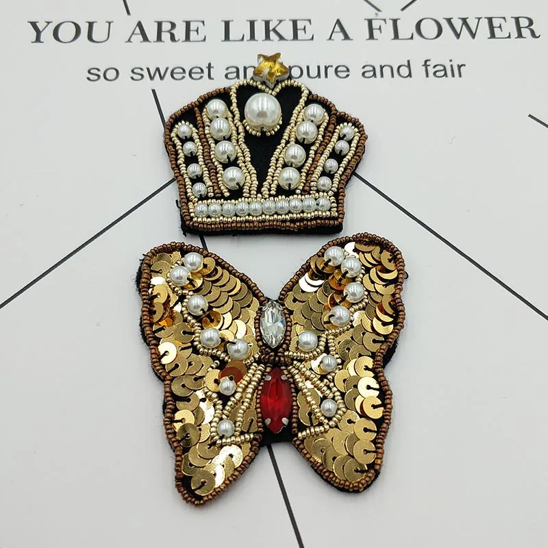 

2 set Beaded Crown butterfly Badges Pearl Sequins Patch Sew on Applique for Shoes Suit hat Bags Decorated
