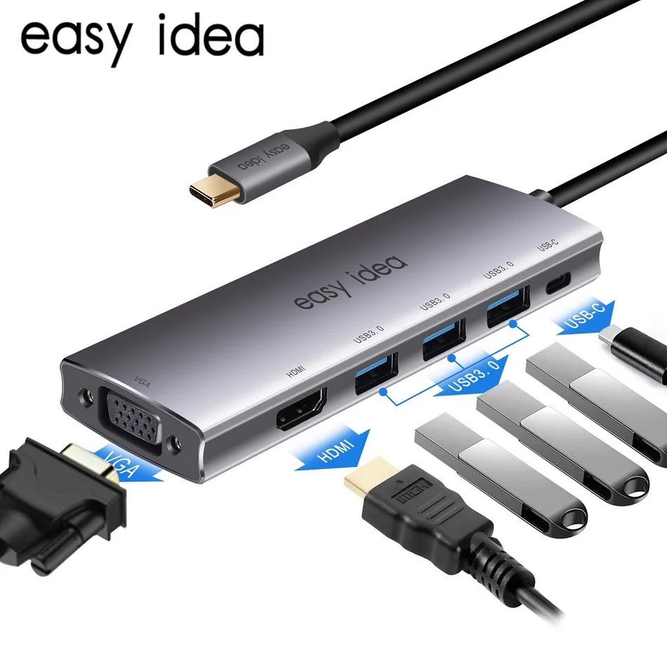 USB C концентратор Тип C 3,1 адаптер разветвитель Мульти USB 3,0 HDMI VGA RJ45 порт несколько USB-C Hab расширитель USB C док-станция для Macbook Pro