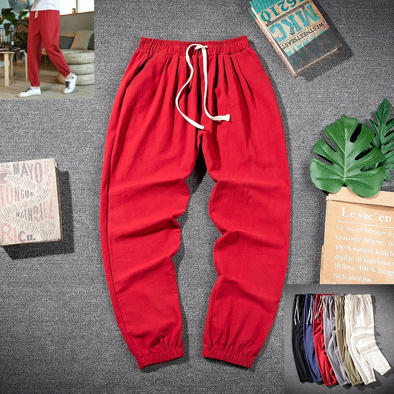 

Cotton And Linen Mens Summer Straight-Leg Pants Large Size Loose Chinese Style Casual Trousers