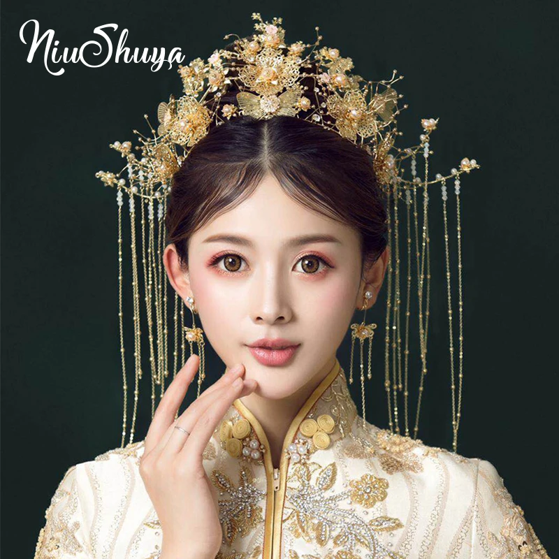 

NiuShuya Chinese Style Wedding Jewelry Golden Bridal Crown Phoenix Coronet Handmade Bride Headwear Hair Jewelry Accessories
