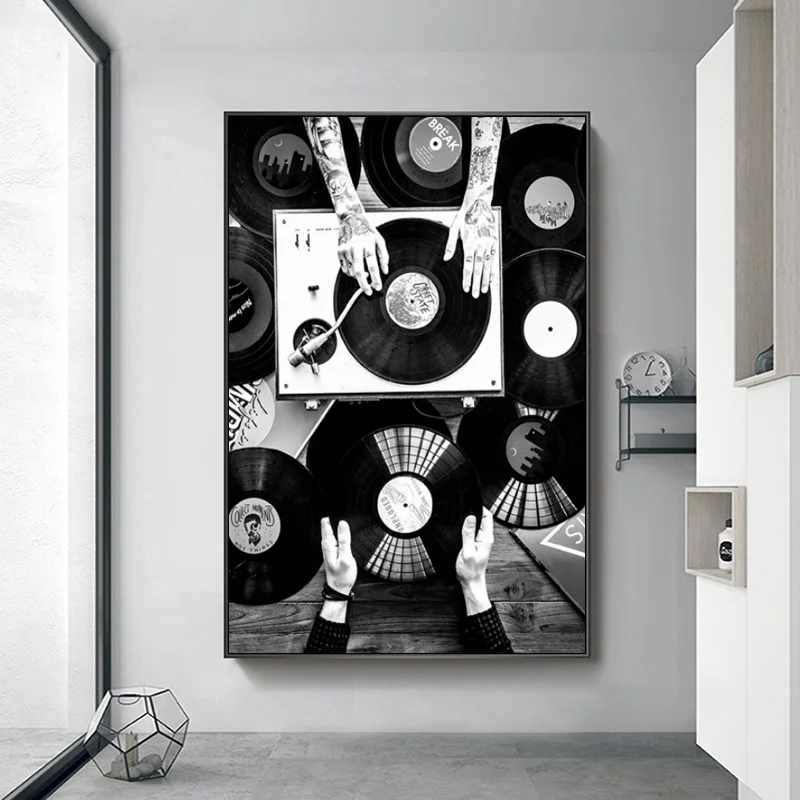 Vinyl-Records-Wall-Art-Canvas-Painting-Black-and-White-Vintage-Music ...