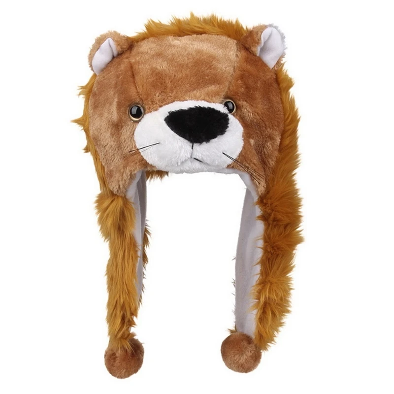 Adult Kids Winter Cute Plush Animal Character Beanie Hat with Pom Pom Ends Long Straps Funny Stuffed Toy Earflap Cap Cosplay 