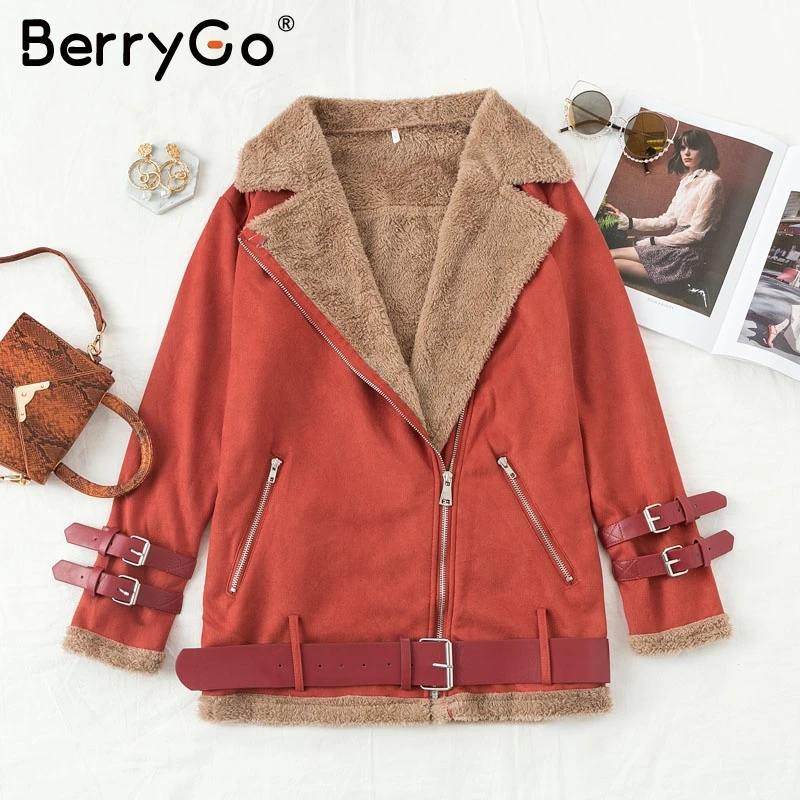 BerryGo уличная куртка из искусственной кожи, Женская мотоциклетная куртка из овечьей шерсти, куртка-бомбер, Зимняя Толстая теплая куртка размера плюс, верхняя одежда
