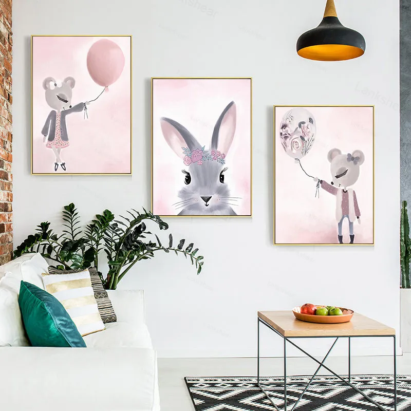 

Home Decor Nordic Canvas Painting Wall Art Rabbit Girl Cartoon Watercolor Print Kids Bedroom Poster Living Room Wall Painting
