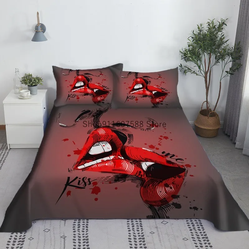 Red Lips Kiss Bed Sheet Set 3D Printed Polyester Bed Flat Sheet With