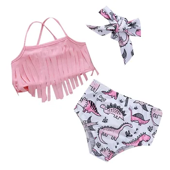 

Children's Dinosaur Print Tassel Sling Swimsuit Set 1PC Swimsuit + 1PC Shorts + 1PC Headband купальник слитный