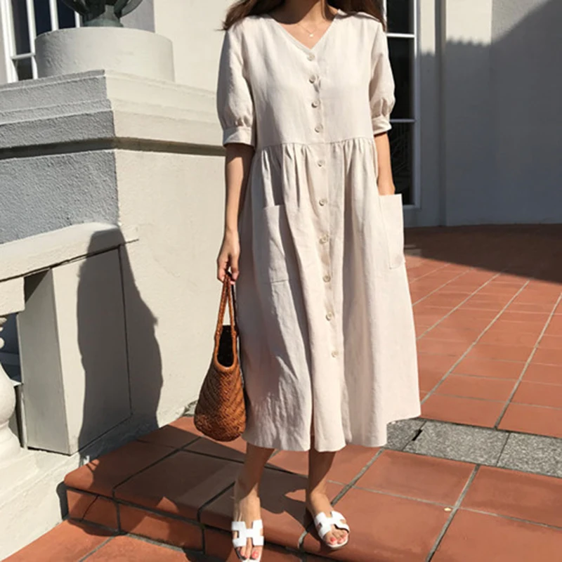 

New Arrival Summer Women Short Sleeve V-neck Long Dress Cotton Female Single-breasted Big Pockets Casual Loose Dress S85