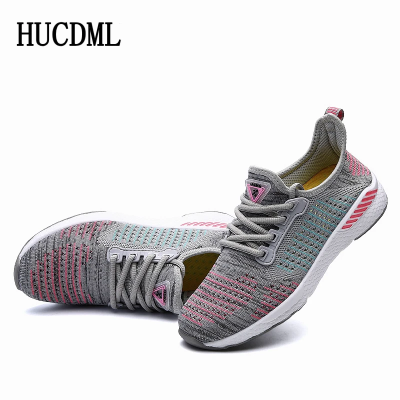 HUCDML/ г. Новая мужская обувь 9 цветов Flyknit мужская повседневная обувь легкая дышащая кроссовки пара прогулочных теннисов feminino Размер 36-48 - Цвет: Gray Pink