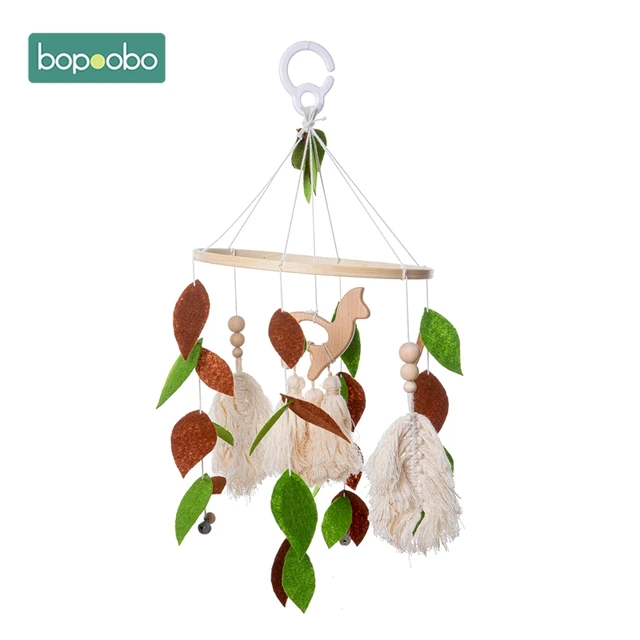 Bopoobo 1set Silicone Beads Baby Mobile Beech Wood Bird Rattles Wool Balls Kid Room Bed Hanging Decor Nursing Children Products Green Horse