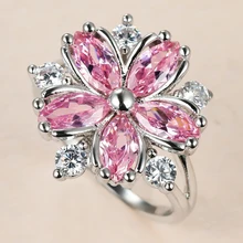 Luxury Female Pink Crystal Stone Ring Charm Silver Color Thin Wedding Rings For Women Dainty Bride Flower Zircon Engagement Ring
