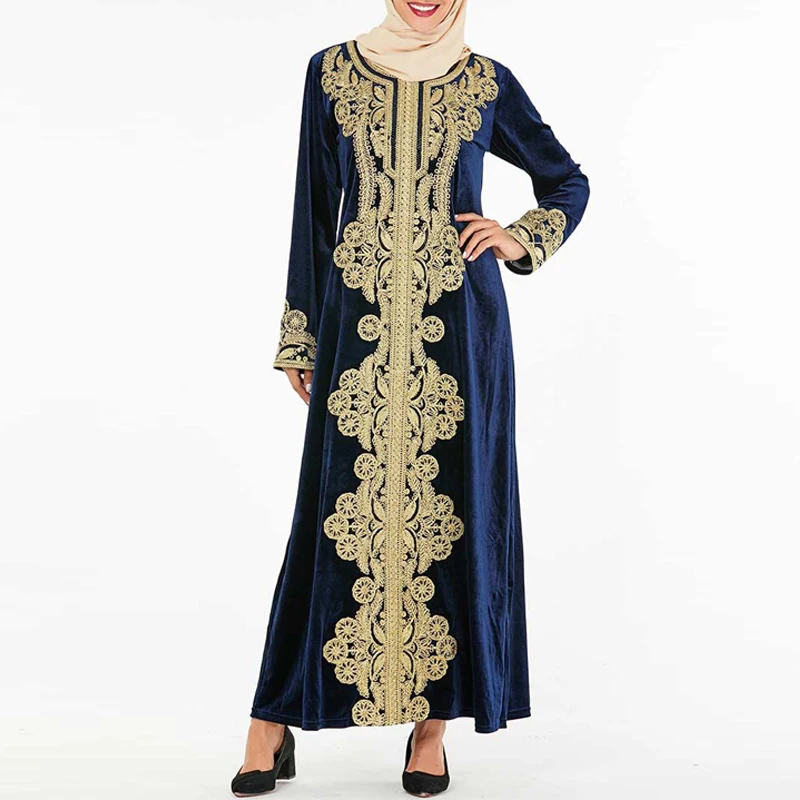 dark blue dress Зимние Бархатные платья абайя, арабское мусульманское платье хиджаб Кафтан Дубай Кафтан марокканское платье Musulmane Tesettur Elbise турецкие платья - Цвет: dark blue dress