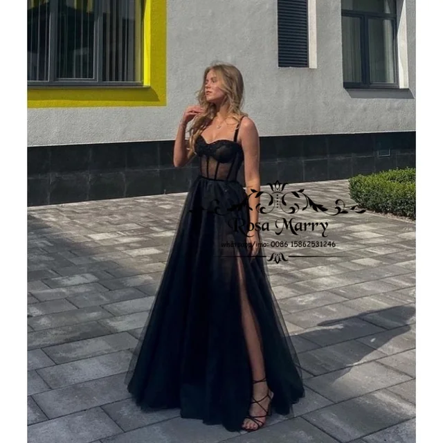 Gothic Black Long Tulle Prom Dresses 