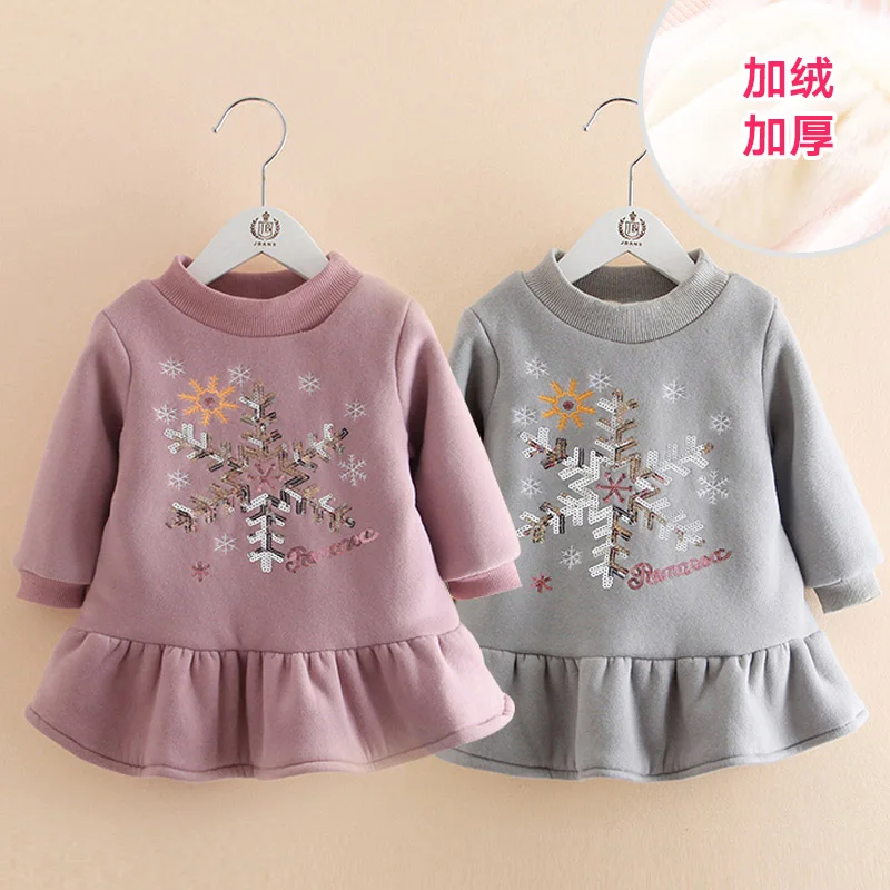 

2019 Winter 2 3 4 6 8 10 11 12 Years Teenager Crew-Neck Glitter Long Sleeve Thickening Plus Velvet Kids Baby Girls Warm Dress