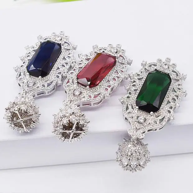 1 Pcs 30x65mm Green CZ Micro Pave Silver Plated Jewelry Pendant
