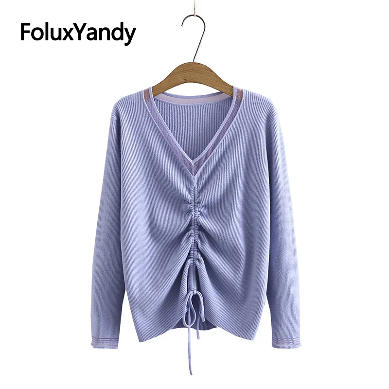 

Long Sleeve Spring Autumn Women's Sweater Plus Size XXXL Drawstring Casual V-neck Sweater Pullovers KKFY5085