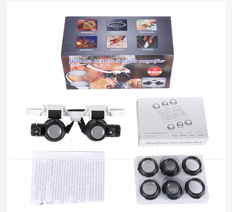 Headband Eye Wear Glasses Magnifier 7X 10X 15X 25X 2 LED Light Magnifying Glass Engraving Watchmaker Magnifier Loupe Binocular