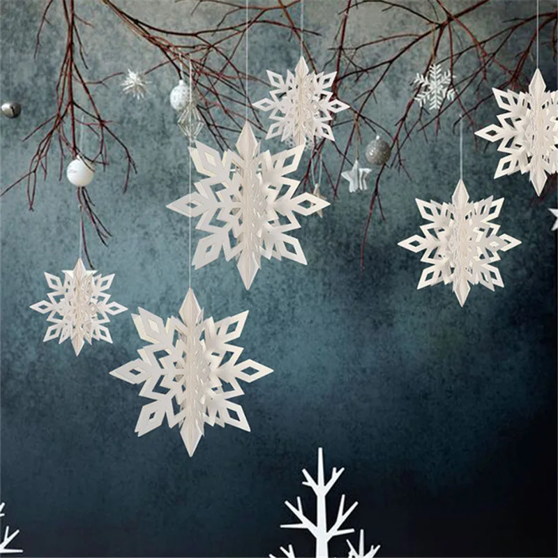 6 шт./партия, картон, 3D полые Висячие снежинки, Новогодние рождественские украшения для дома, вечерние украшения - Цвет: White