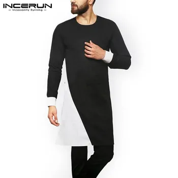 

Men Muslim Kaftan Long Shirts Long Sleeve Round Neck Kurtas Men Indian Patchwork Vintage Camisas Leisure Black Blusa 5XL INCERUN