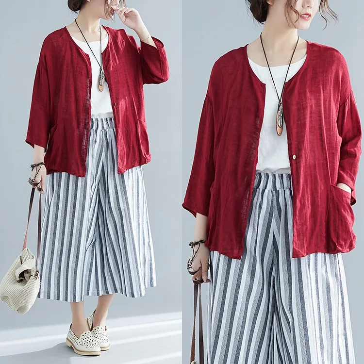 

2019 Summer Wear New Style Korean-style Loose-Fit Three-quarter-length Sleeve Cotton Shirt Fat Mm Casual Cardigan Tops Coat