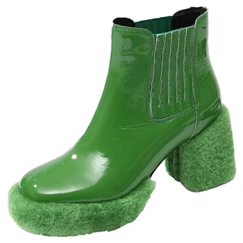 

Autumn and winter leather thick-heeled high-heeled square toe lamb hair plus fleece short boots patent leather thick-soled wedge
