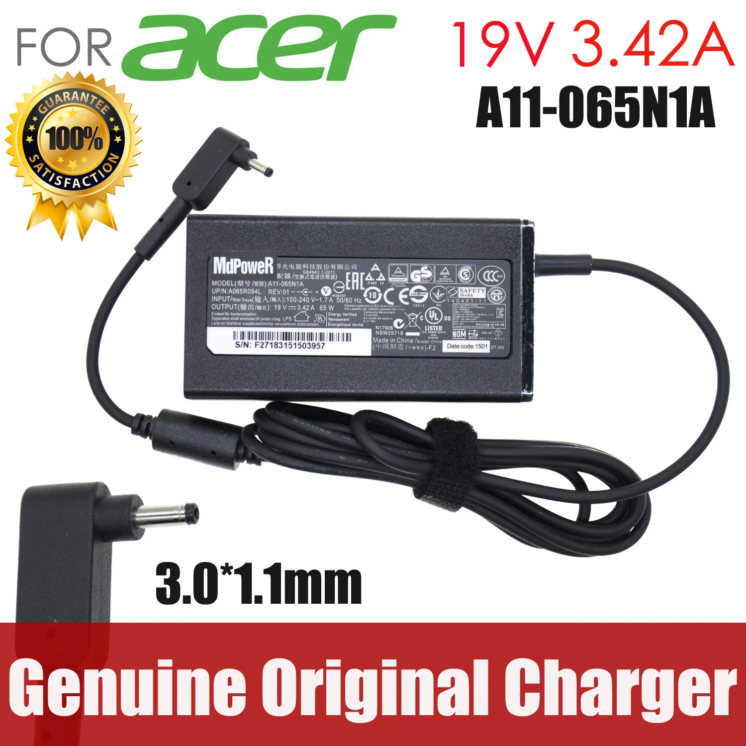 Зарядное устройство для ноутбука ACER 19 в 3 0 А 65 Вт 1 х мм Aspire S3 S5 S7 P3 Iconia C740 C720 Tab W500 W700